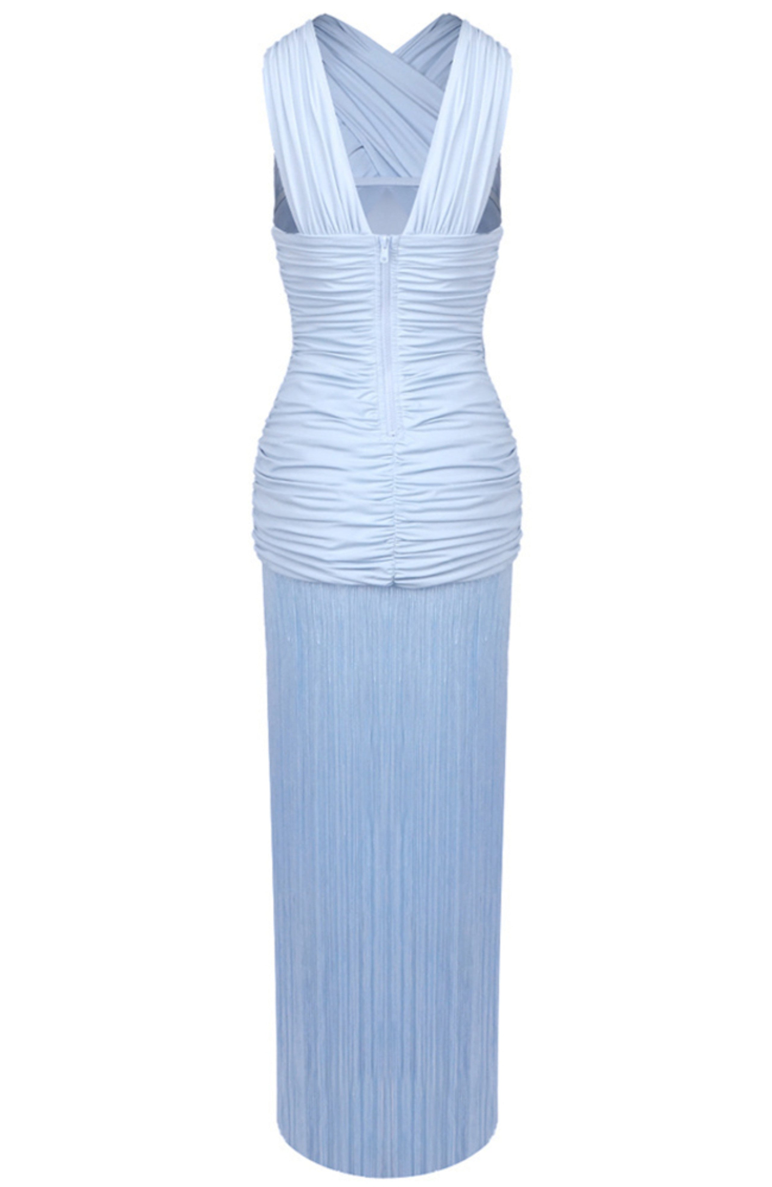 Haeldrin Draped Ruffle Tassel Maxi Dress In Blue