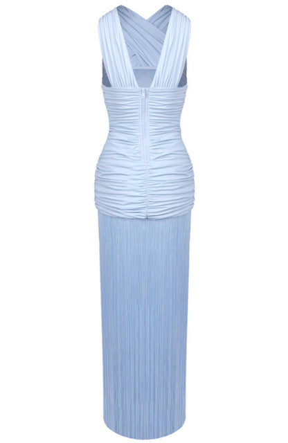 Haeldrin Draped Ruffle Tassel Maxi Dress In Blue