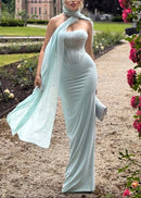 Saelvyn Halter Mesh Maxi Dress In Light Green