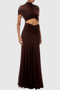 Farrux Draped Mesh A Line Maxi Dress In Brown