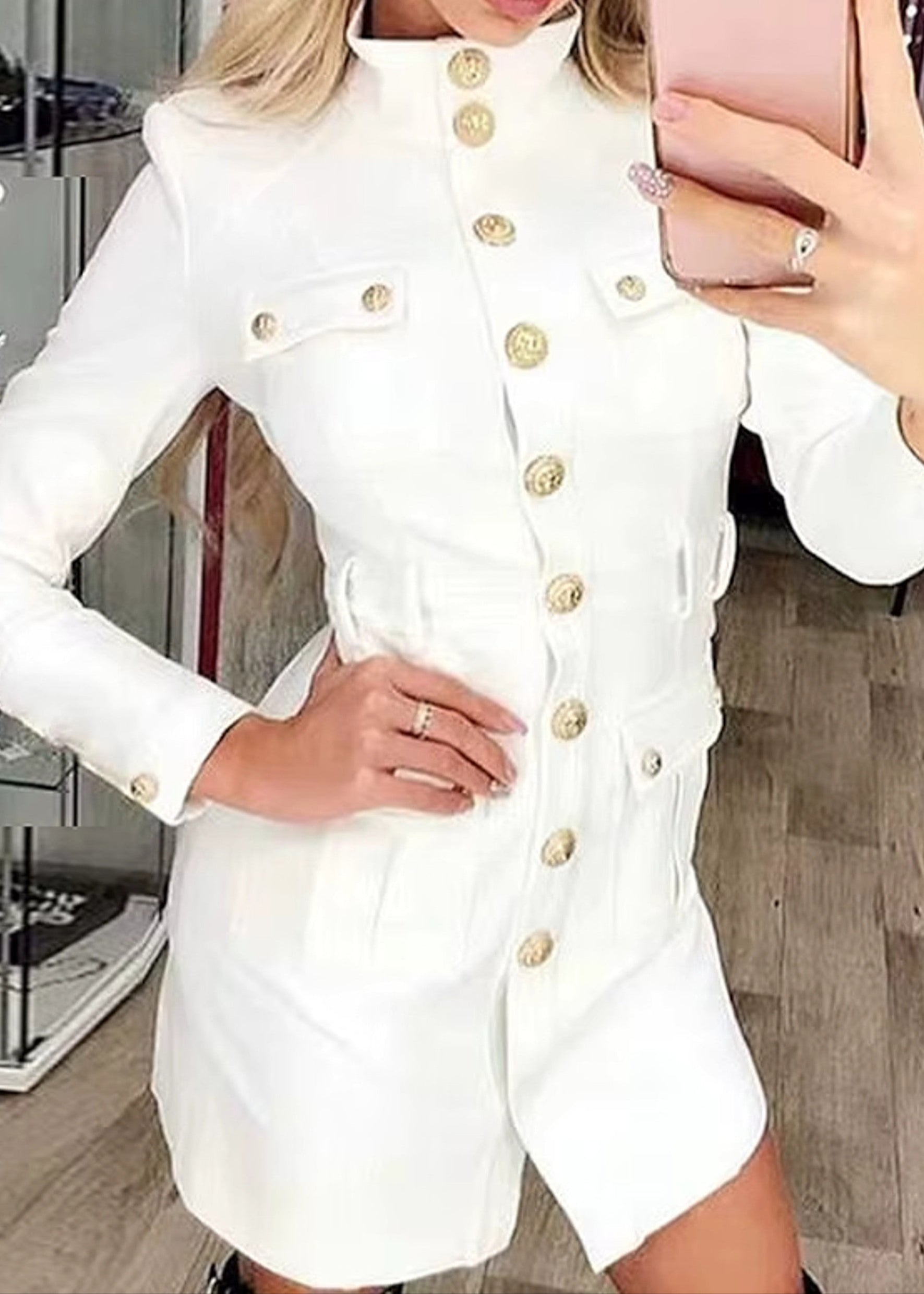 Belva Long Sleeve Button Coat Dress In White