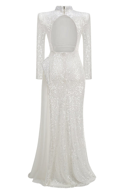 Massimo Pearl Embellished Sequin Maxi Dress In White