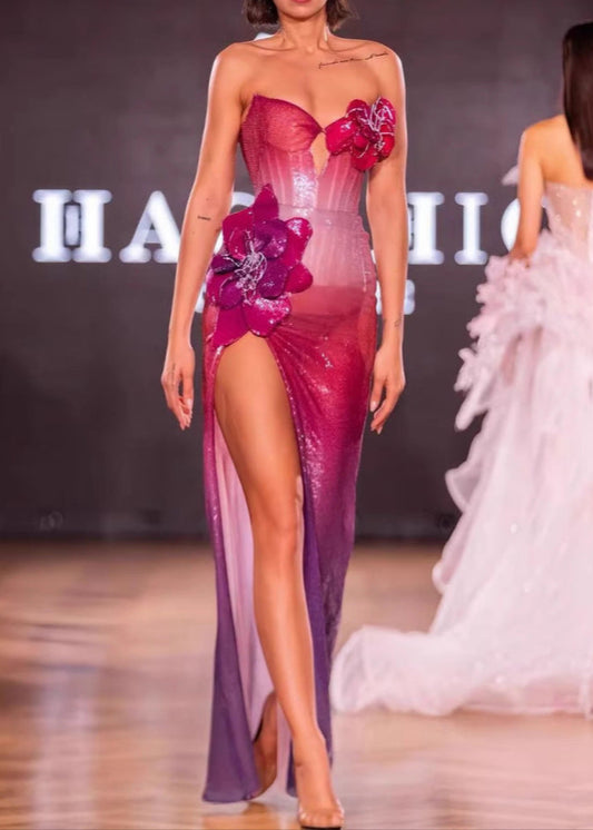 Caelith Strapless Floral Sequin Maxi Dress Hot In Pink