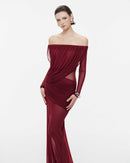 Cryxel Off-Shoulder Draped Mesh Maxi Dress In Wine Red