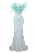 Brynthia Strapless Feather Corset Sequin Maxi Dress In Green