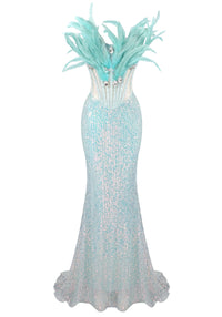 Brynthia Strapless Feather Corset Sequin Maxi Dress In Green