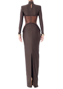 Jaelthis Long Sleeve Structured Mesh Maxi Dress In Brown