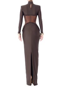 Jaelthis Long Sleeve Structured Mesh Maxi Dress In Brown
