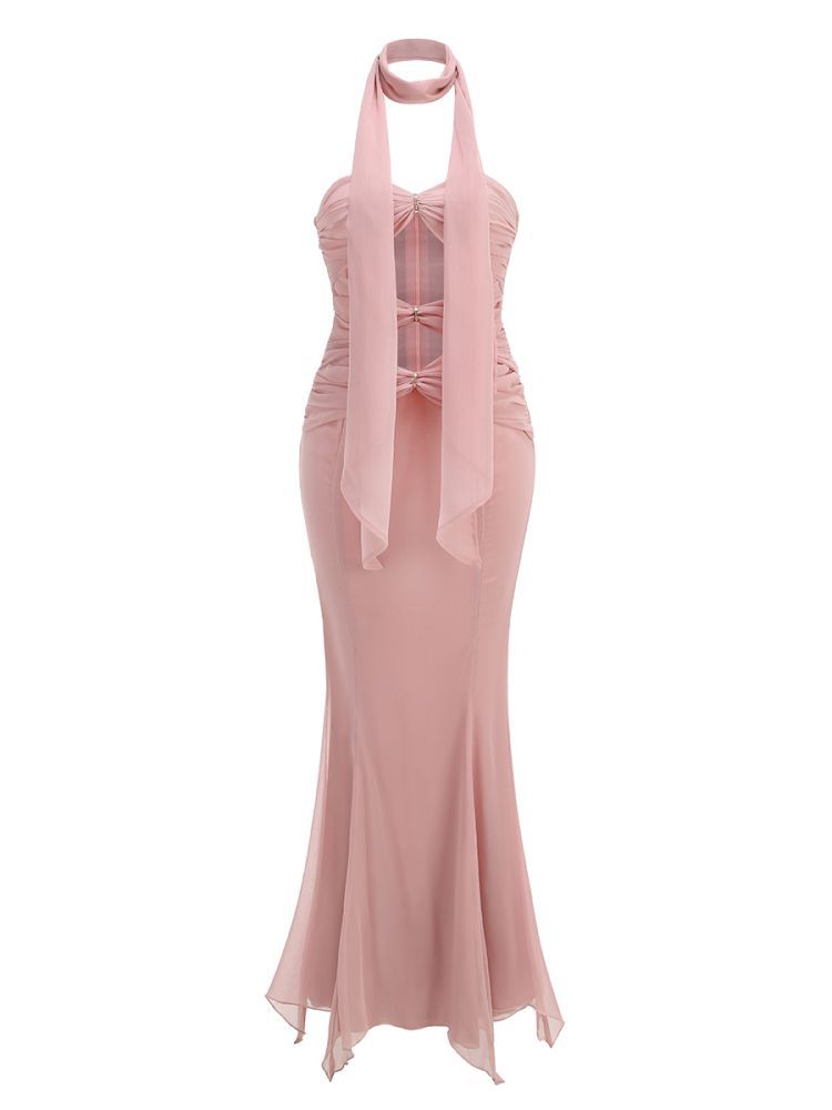 Susmita Hollow Bandage Strapless Tulle Maxi Dress In Pink