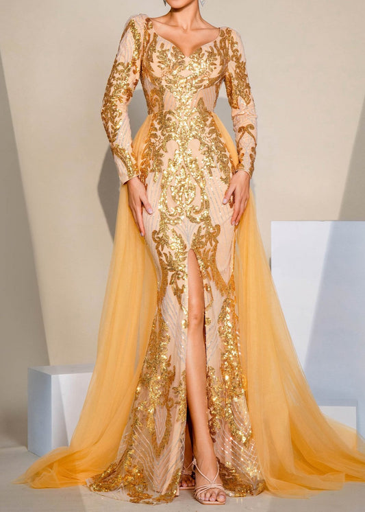 Ayam Long Sleeve Split Gold Sequin Maxi Dress