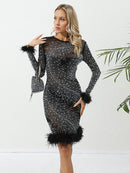 Vince Rhinestone Embellished Feather Trim Midi Dress In Black