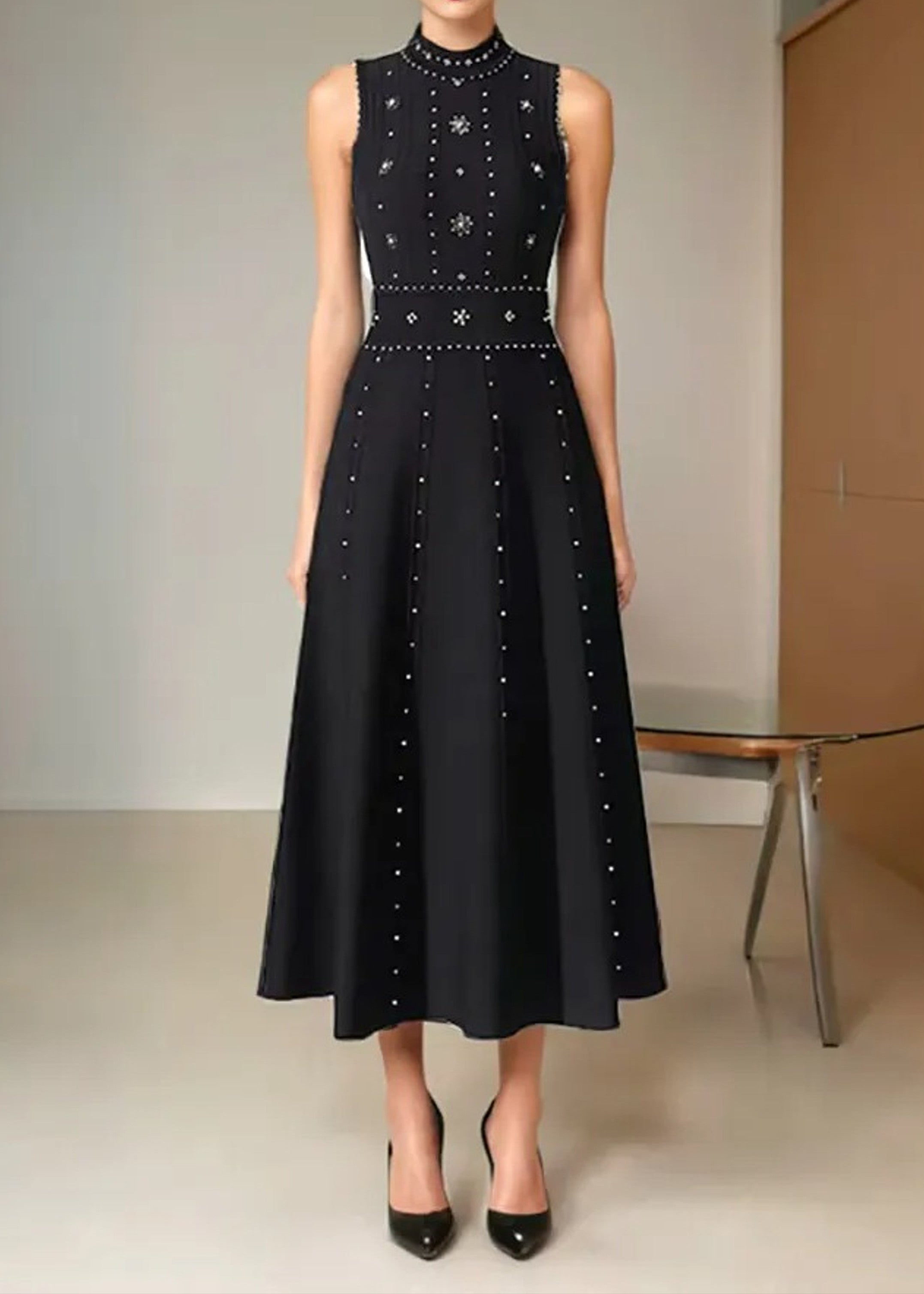 Jonay Studded A Line Midi Dress In Black