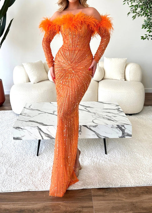 Edaline Long Sleeve Feather Bardot Sequin Maxi Dress In Orange