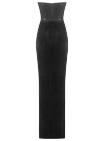 Hajar Strapless Sparkly Corset Maxi Velvet Dress In Black