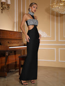 Icephor Halter Crystal Bustier Maxi Dress In Black