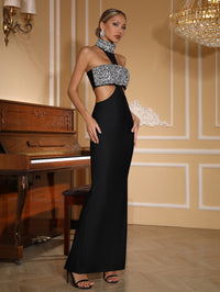 Icephor Halter Crystal Bustier Maxi Dress In Black