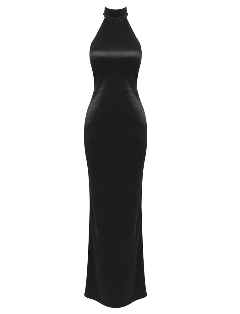 Halcyon Satin Belt Backless Pearl Embellished Maxi Dress In Black