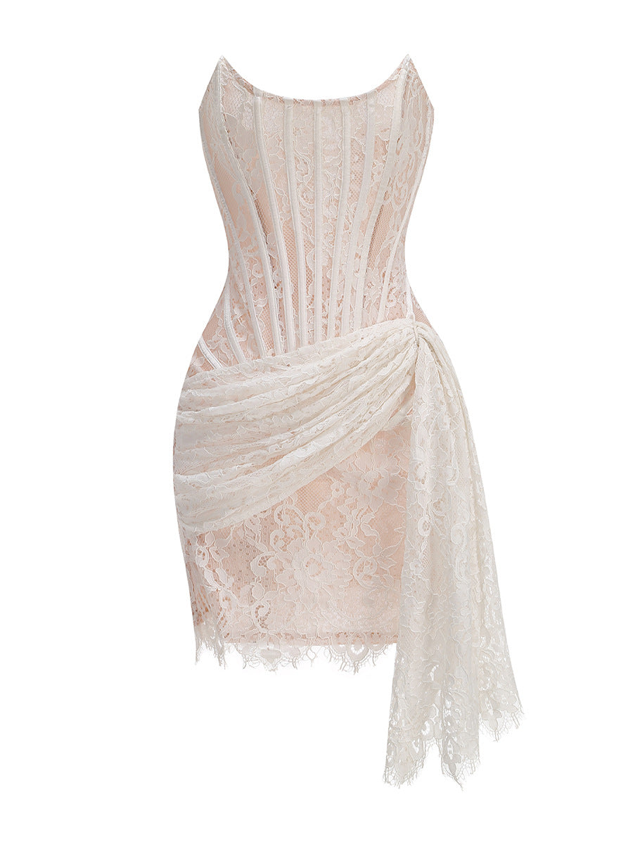 Faruq Strapless Corset Draped Lace Mini Dress In White