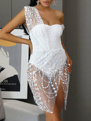 Oswald Split Sequin Mini Dress In White