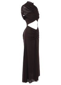 Farrux Draped Mesh A Line Maxi Dress In Brown