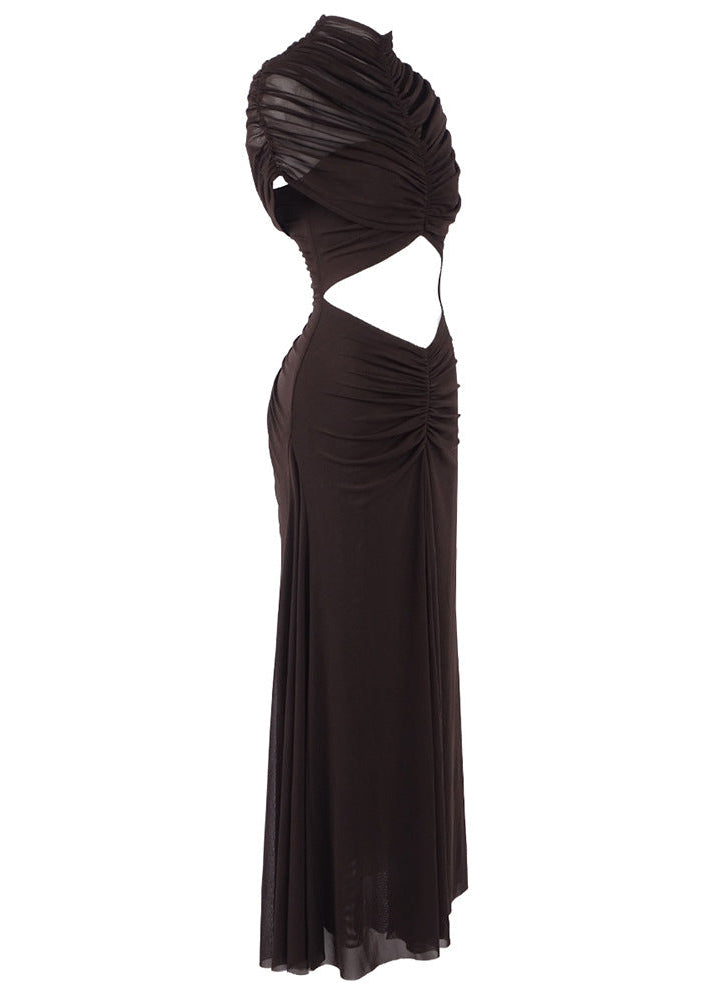 Farrux Draped Mesh A Line Maxi Dress In Brown
