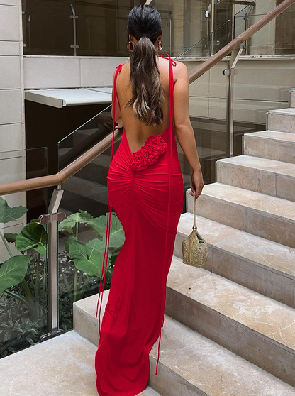 Reverie Backless Floral Lace-Up Maxi Dress In Red