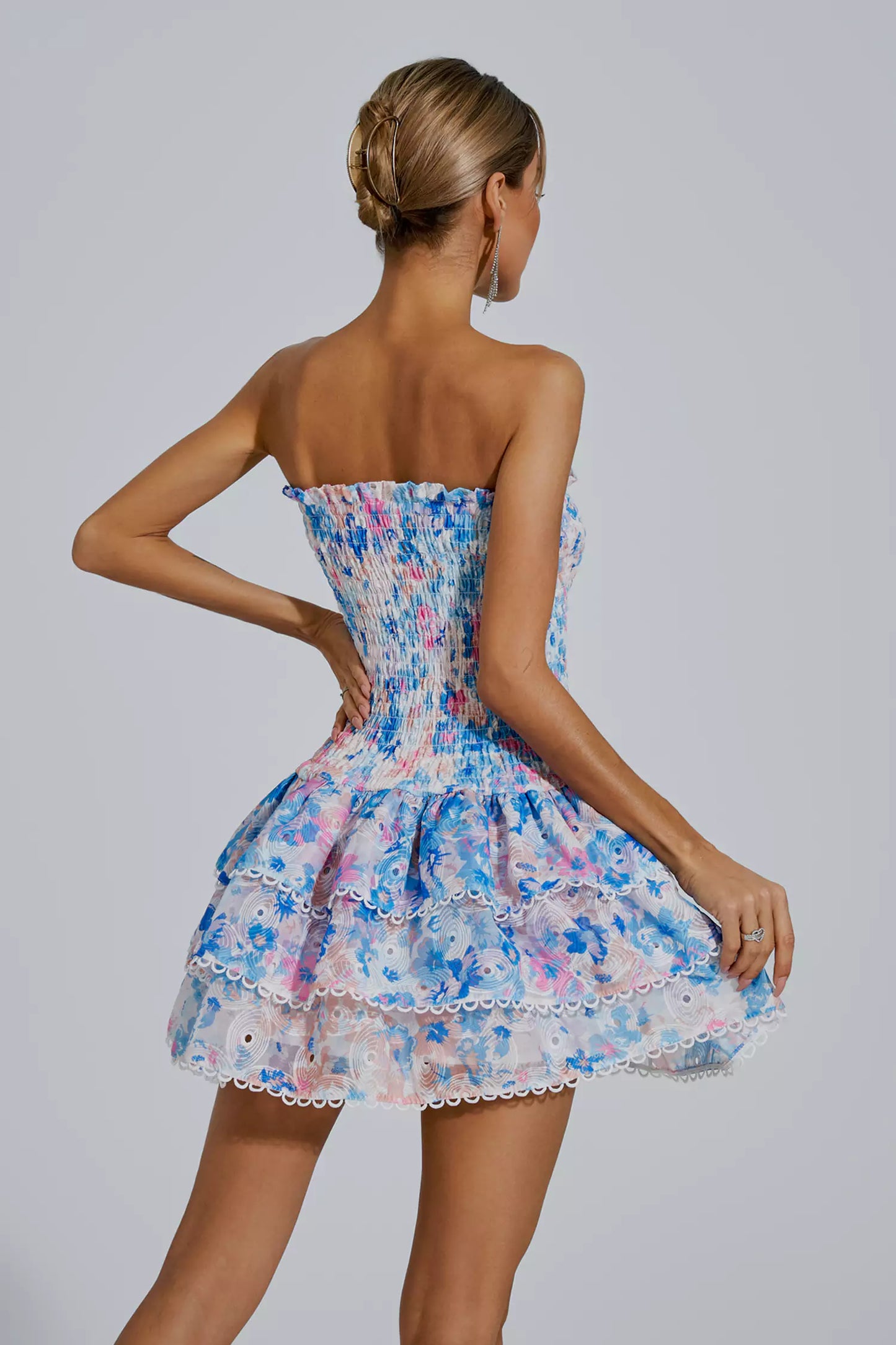 Fritia Floral Ruched Strapless Mini Dress In Blue