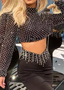 Reinier Long Sleeve Pearl Crystal Two Piece Maxi Dress In Black