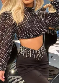 Reinier Long Sleeve Pearl Crystal Two Piece Maxi Dress In Black