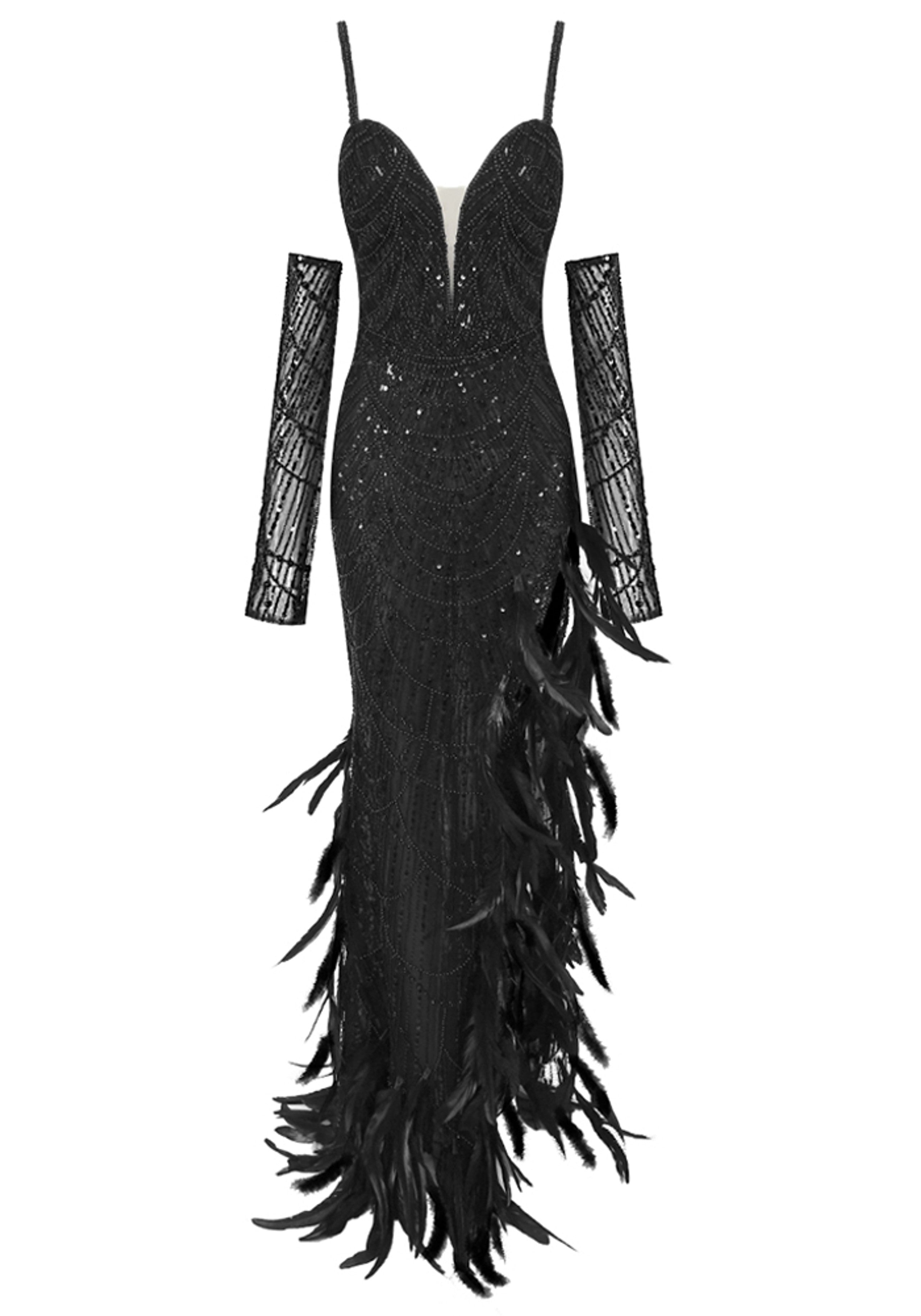 Elemer Sequin Feather Maxi Dress In Black – Night Novas