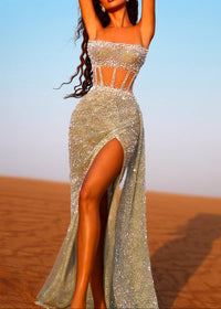 Alinka Strapless Pearl Sequin Maxi Dress In Green