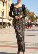 Farhad Puff Long Sleeve Lace Maxi Dress In Black