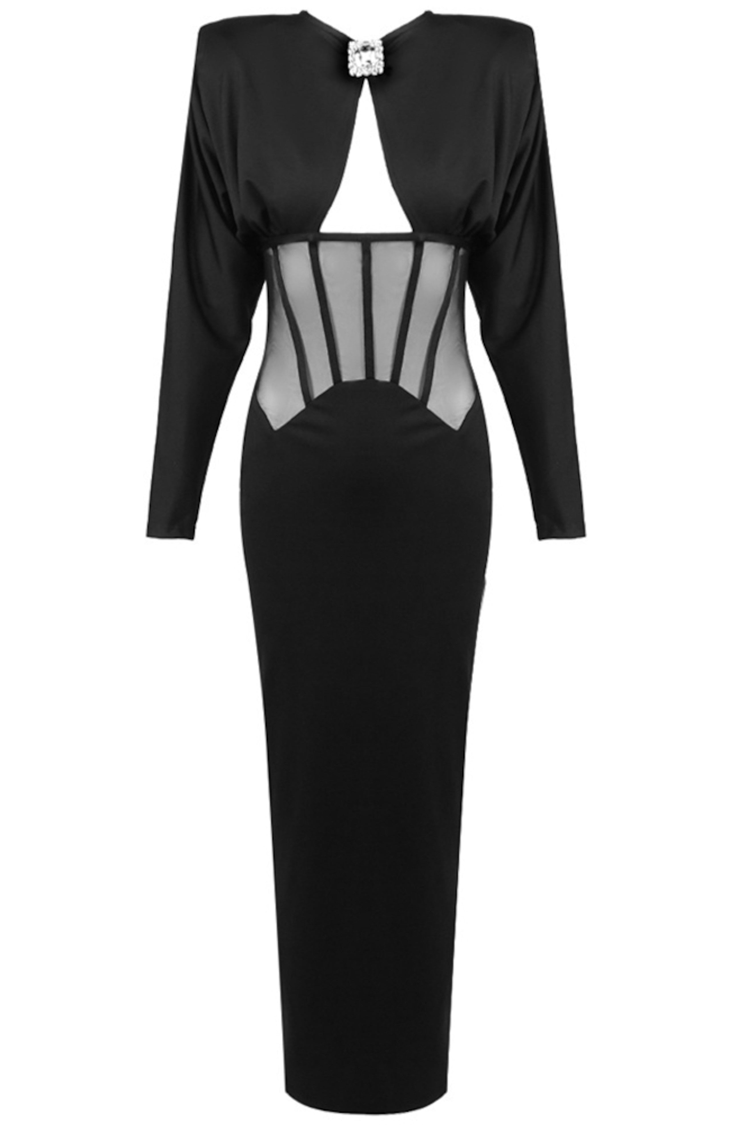Burton Long Sleeve Structured Mesh Maxi Dress In Black