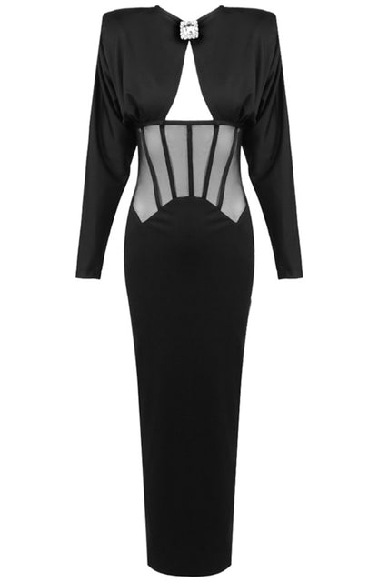 Burton Long Sleeve Structured Mesh Maxi Dress In Black