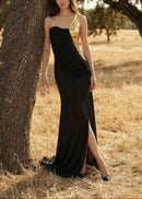 Qavrix One Shoulder Draped Maxi Dress