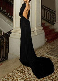 Meghyn Long Sleeve Draped Backless Maxi Dress In Black