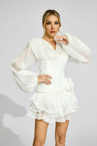 Aislyn 3D Flower Ruffle Trim Mini Dress In White