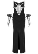 Fryxan Strapless Crystal Bustier Draped Maxi Velvet Dress In Black