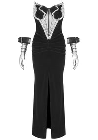 Fryxan Strapless Crystal Bustier Draped Maxi Velvet Dress In Black