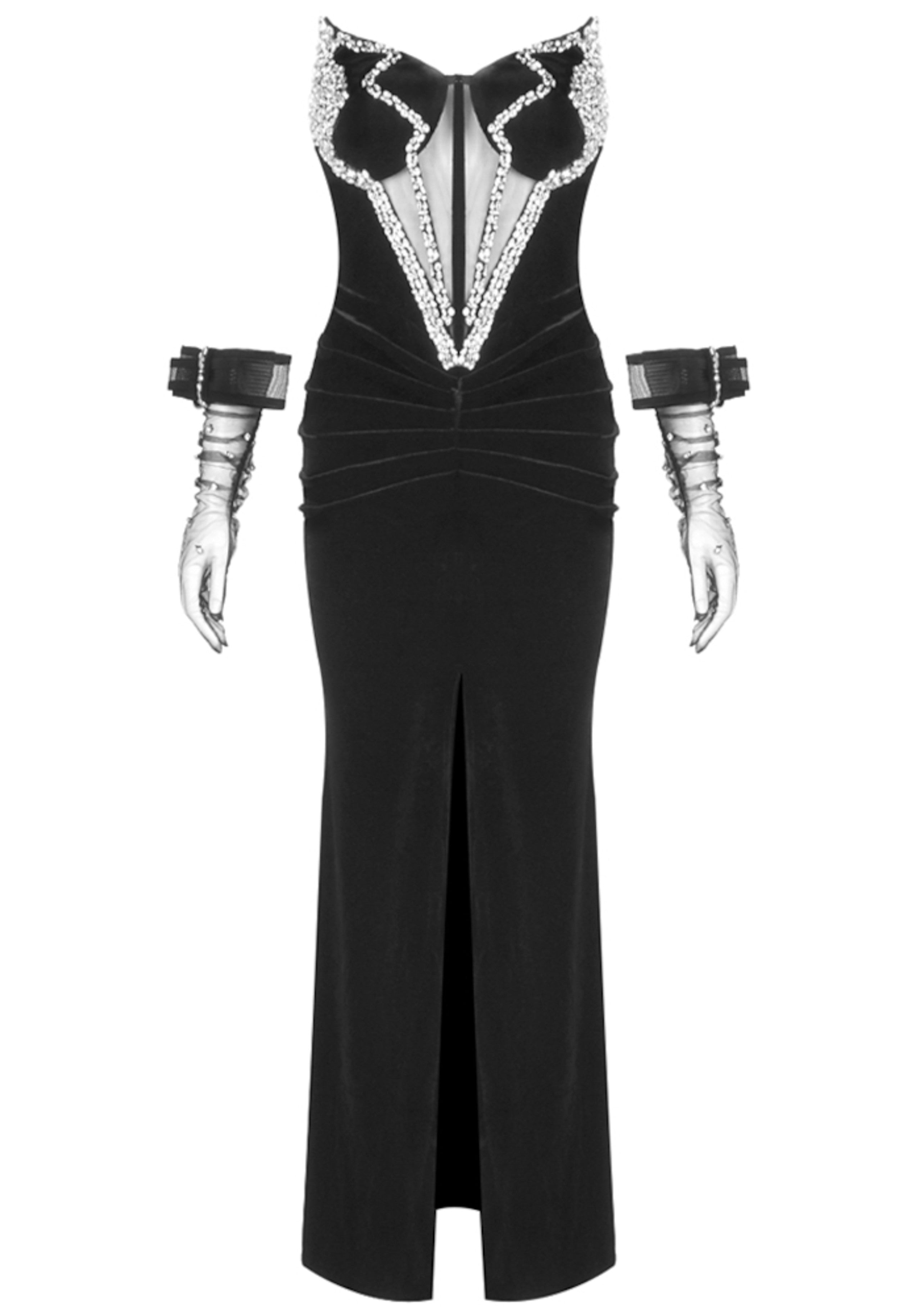 Fryxan Strapless Crystal Bustier Draped Maxi Velvet Dress In Black