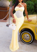 Adhra Halterneck Draped Maxi Dress In Butter Yellow