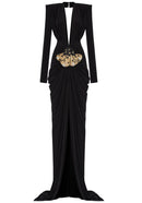 Avalee Long Sleeve Plunge V Neck Crystal Maxi Dress In Black