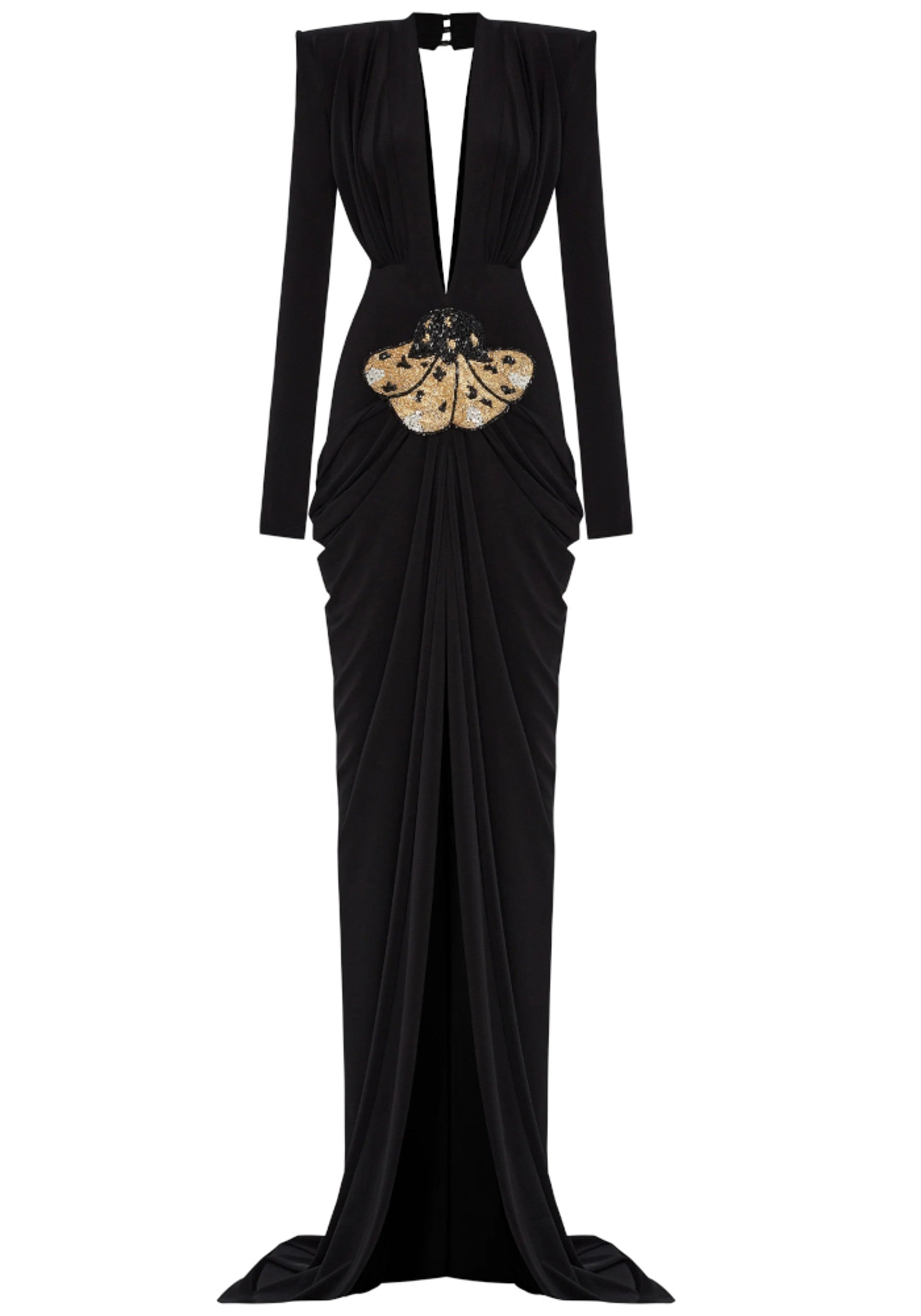 Avalee Long Sleeve Plunge V Neck Crystal Maxi Dress In Black