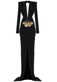 Avalee Long Sleeve Plunge V Neck Crystal Maxi Dress In Black