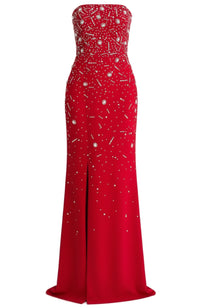Razrik Strapless Crystal Embellished Maxi Dress In Red