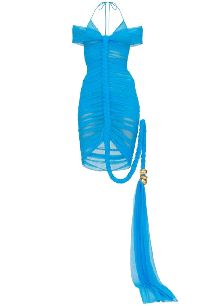 Natara Halter Draped Mini Dress In Blue