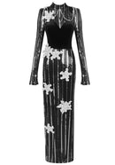 Calythea Long Sleeve Floral Sequin Velvet Maxi Dress In Black