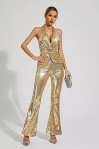 Gaspard Sequins Halter Jumpsuit In Gold