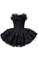 Lizzie Strapless Petal Floral Corset A Line Mini Dress In Black