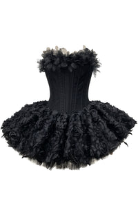 Lizzie Strapless Petal Floral Corset A Line Mini Dress In Black